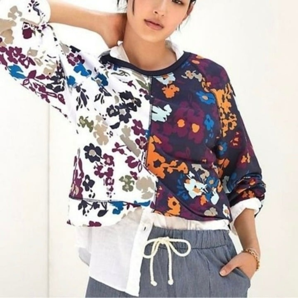 Maeve Anthropologie Color Block Floral Long Puff-Sleeved Crew Neck Sweatshirt L - Picture 7 of 14